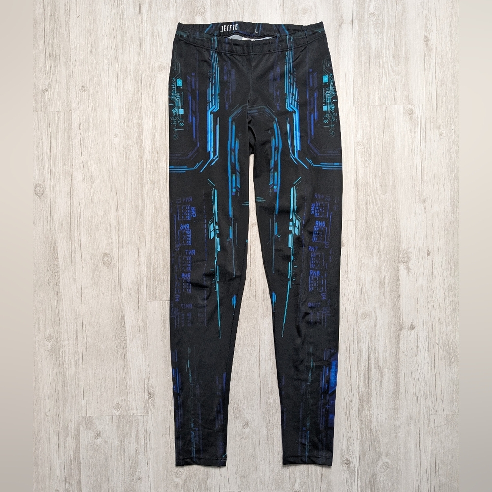 Black, Blue and Turquoise Cyber/Futuristic Patterned Leggings Size L